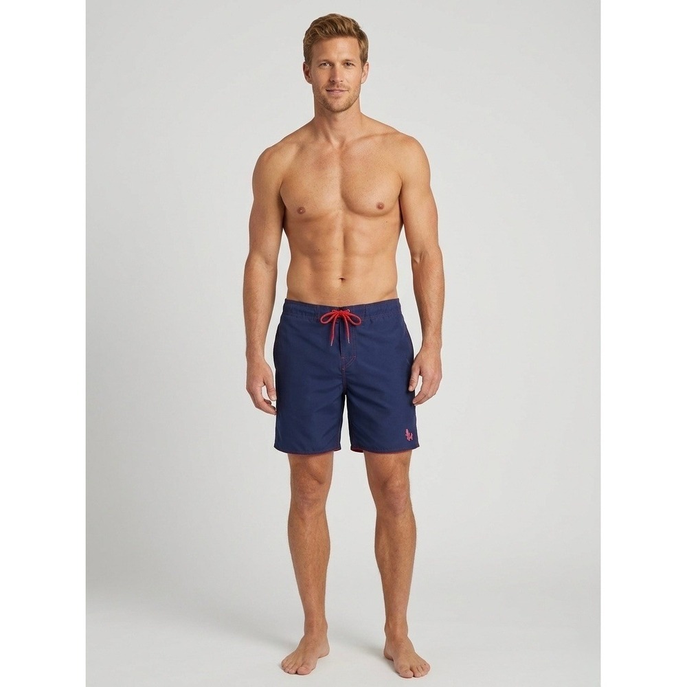 Johnnie-O Mens Navy Blue Red Contrast Swim Trunks Board Shorts Mesh Lining L
